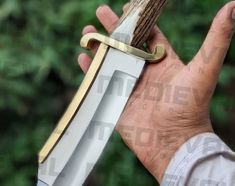 Cuchillo de caza de hoja fija de acero D2 de 17 pulgadas - Cuchillo Bowie hecho a mano - Mango de asta de ciervo