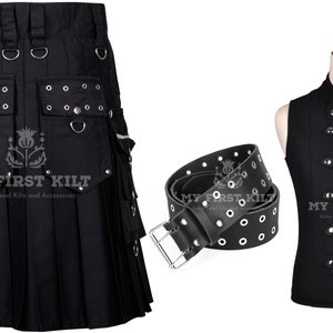 Premium Black Cotton Utility Kilt - Punk Rock - Free Waistcoat - Leather Kilt Belt - Custom Made - Cyber Goth - Black Kilt Value Pack