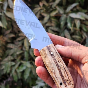 Handmade Carbon Steel Stag Handle Hunting Knife, Hand Forged Full Tang Skinner Knife, Camping Knife With  Leather Sheath