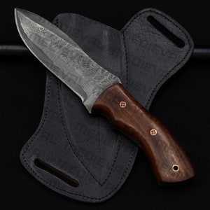 10 Inches Handmade Damascus Steel Skinner Hunting Knife, Camping Knife, Survival Wood Handle Knife & Leather Sheath