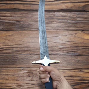 Handmade Damascus Steel Islamic Zulfiqar Sword, Shamshir With Leather Sheath, Arabic Turkish Sword with Micarta Handle