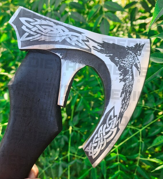 Hache Viking En Acier Au Carbone Forgée Main - Manche Bois 50cm - Idéal Camping/outdoor