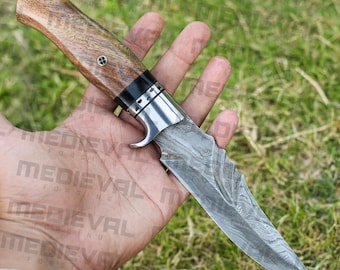 10 Inches Handmade Damascus Steel Hunting Camping Knife, Hunting Knife Survival Wood Handle Knife & Sheath, Outdoor knifre With Leather