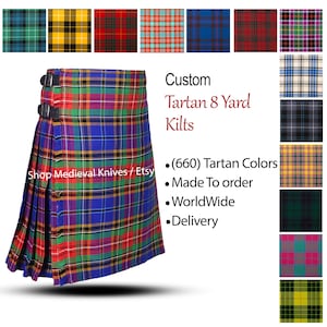 Kilt tradizionale scozzese in tartan da 8 iarde - Kilt Highlander da uomo - Kilt scozzese su misura - Tessuto acrilico da 16 once - Oltre 70 colori tartan