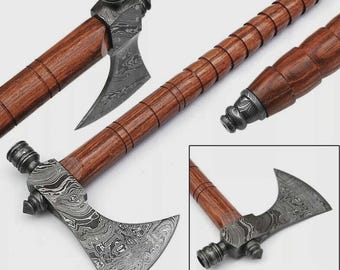 Hand Forged Damascus steel Pipe Axe Custom Hand Forged Damascus Steel Camping Hunting Tomahawk Axe W/ Leather Sheath