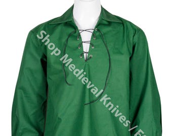 Scottish Green KILT SHIRT - 100% Cotton Jacobean Jacobite Ghillie Shirt - Highlander Kilt Shirt - Leather Laces Shirt - Made to Order