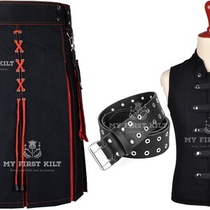 Red Black Cotton Hybrid Kilt  - Halloween Party Kilt - Scottish Cotton Utility Kilt Package - Free Waistcoat and Leather Kilt Belt