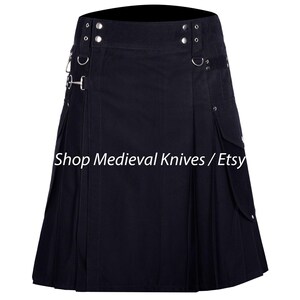 Black Scottish Cotton Kilt | Premuim Handmade 100% Cotton Kilt | Two Side Detachable Pockets | Men&#39;s Modern Utility Kilt | Custom Size Kilt