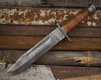 13 Inches Handmade Damascus Steel K Bar Hunting- Knife, Leather Camping  Handle Knife & Sheath