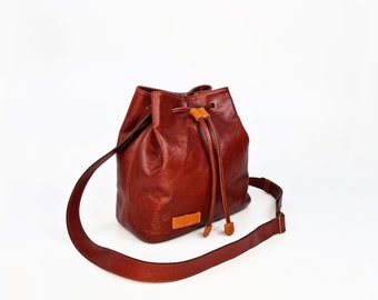 Leather Red Bucket, Shoulder bag, Crossbody Drawstring, Handmade Gift
