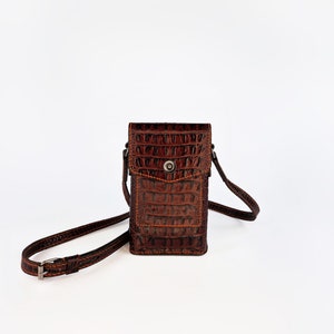 Mini Leather Phone Bag, Small Shoulder Mobile Case, Brown Crossbody iPhone Purse, Handmade gift