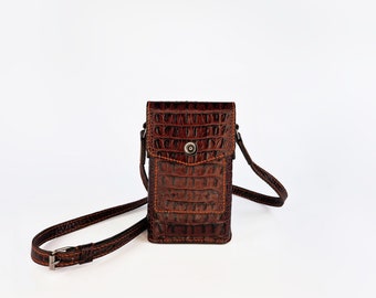 Mini Leather Phone Bag, Small Shoulder Mobile Case, Brown Crossbody iPhone Purse, Handmade gift