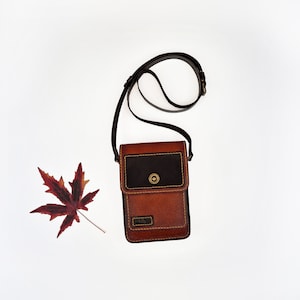 Leather Crossbody Phone Bag, Red Phone Pouch, Shoulder iPhone Purse, Handmade gift