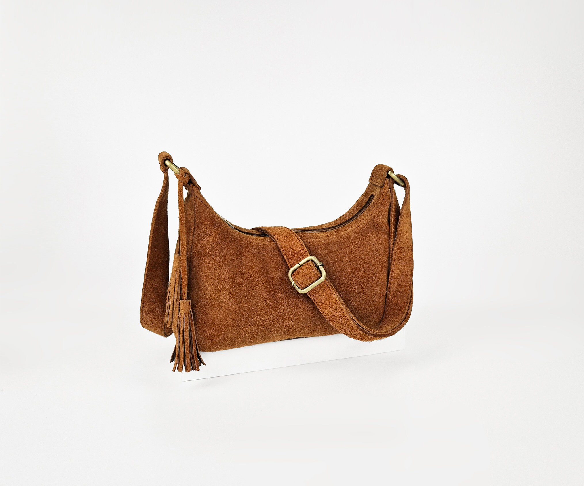 Suede Leather Half Moon Bag: Slouchy Hobo Crossbody