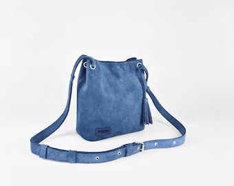 Blue Suede Bucket Bag: Leather Crossbody Shoulder Bag