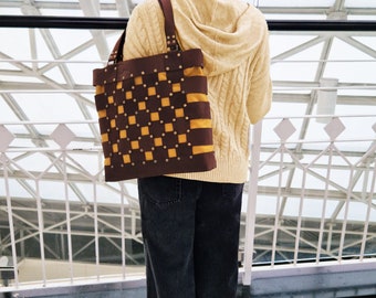 Leather Canvas Tote Bag, Big Shoulder Shopper, Large Brown Handbag, Handmade Gift