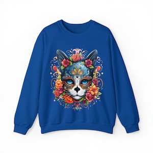 Sudadera unisex con cuello redondo y gato adornado del Día de los Muertos
