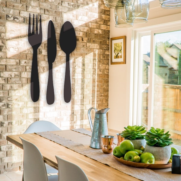 Birch Wood Knife Fork Spoon Wall Decor: Chef Kitchen Art