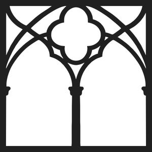 May include: A square black graphic panel featuring a symmetrical architectural pattern with two pointed arches supported by a central pillar and a quatrefoil shape centered within the upper section of the frame.