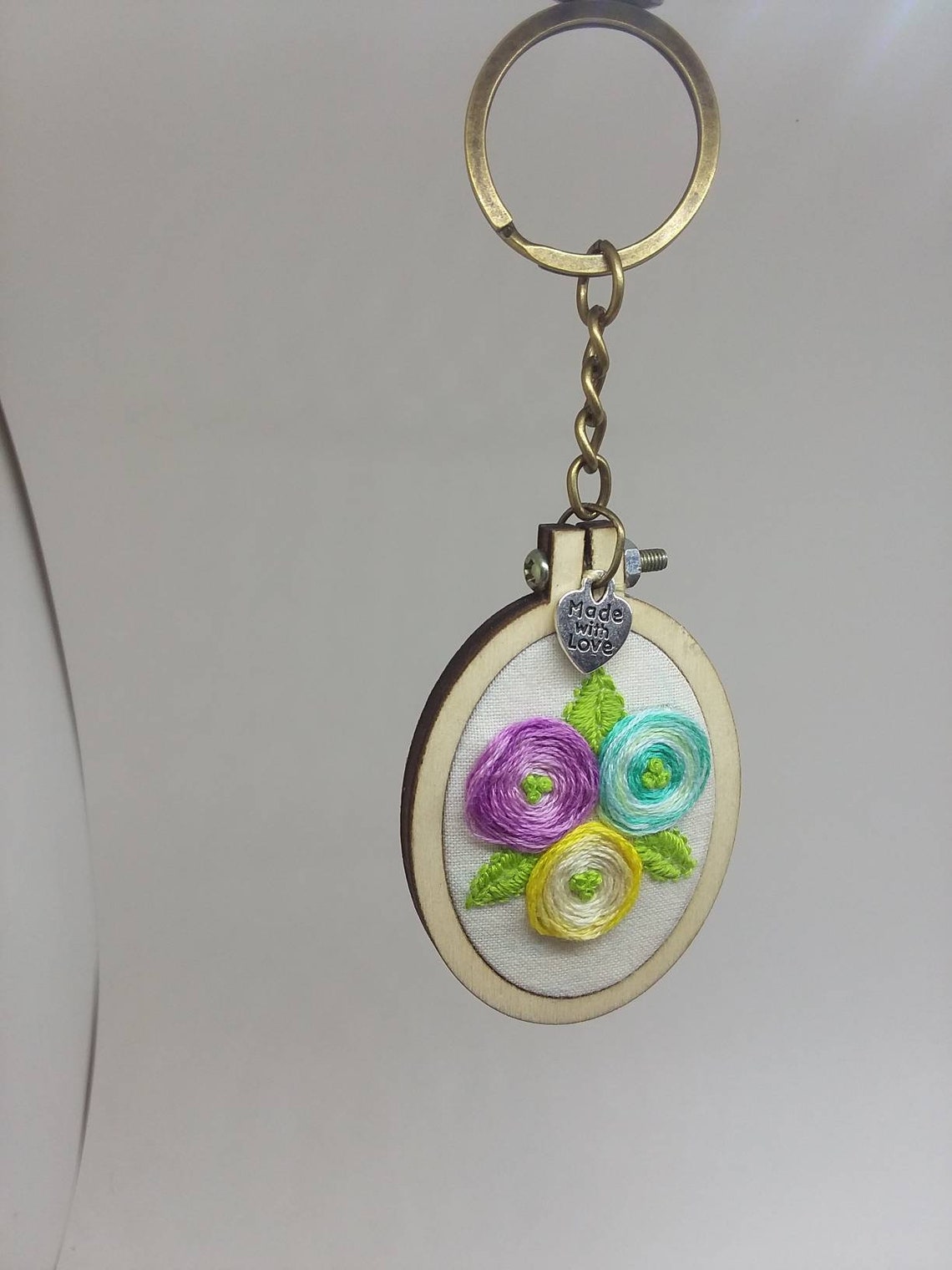 Wood framed Embroidered Rose Keychains Etsy