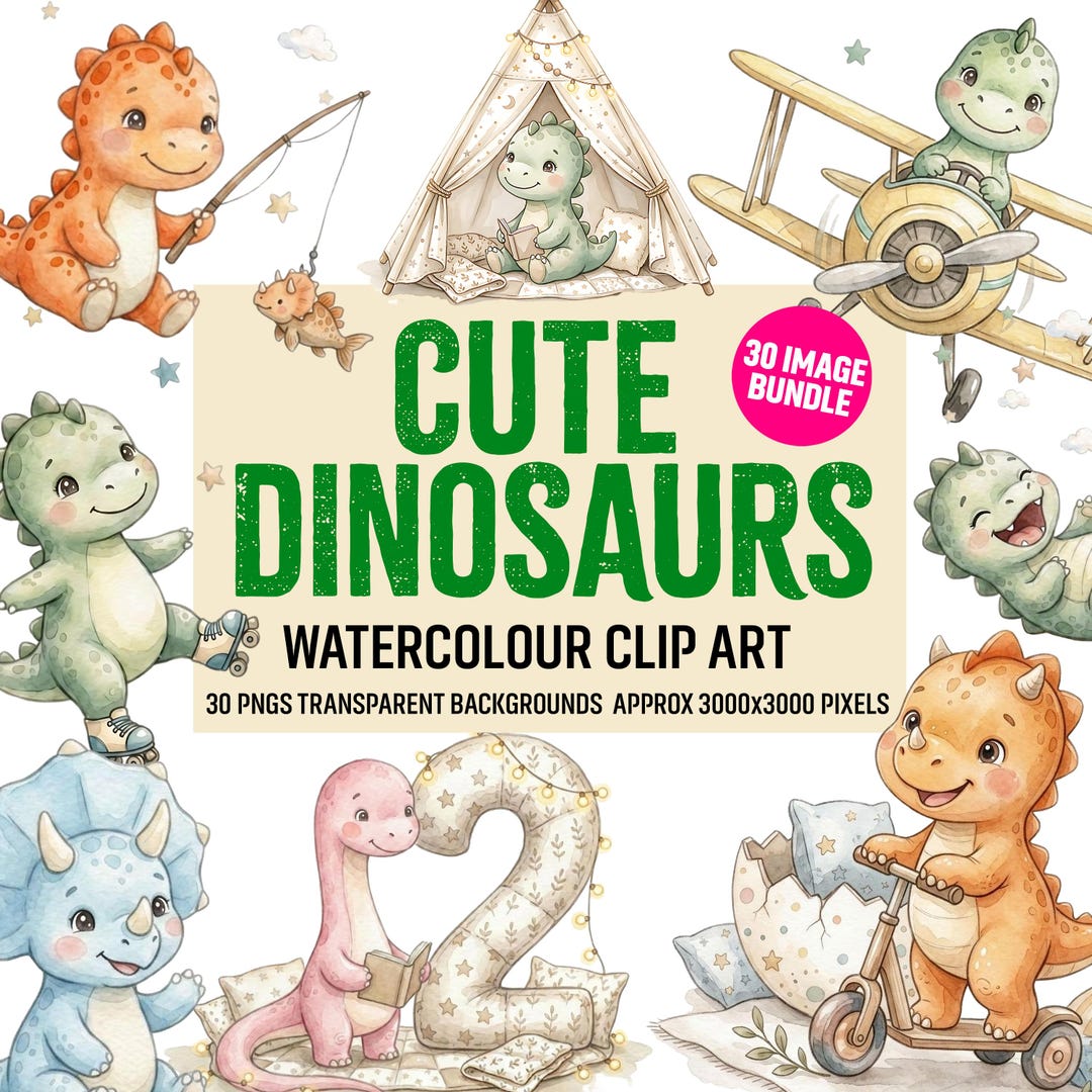 Cute Dinosaur Clipart Set – Nursery Dinosaur 30 X PNG Bundle, Baby Dino ...