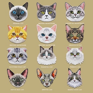 May include: A selection of embroidered cat face patches showcasing various breeds such as Siamese, British Shorthair, American Shorthair, Scottish Fold, Ragdoll, and Persian cats. The patches are intricately stitched with a range of colours.