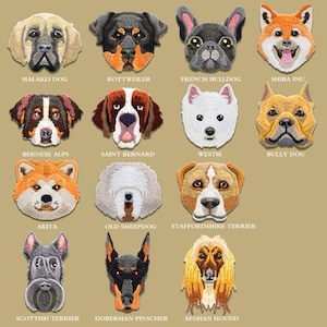 Könnte beinhalten: Eine Sammlung gestickter Aufnäher mit verschiedenen Hunderassen: Malakli Dog, Rottweiler, French Bulldog, Shiba Inu, Bernese Alps, Saint Bernard, Westie, Bully Dog, Akita, Old Sheepdog, Staffordshire Terrier, Scottish Terrier, Doberman Pinscher und Afghan Hound.