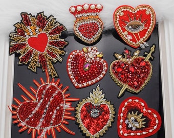 patch for bag beaded patch red heart patches Pearl DIY beading decorated crystal sew on patch rhinestone handmade sequined patch