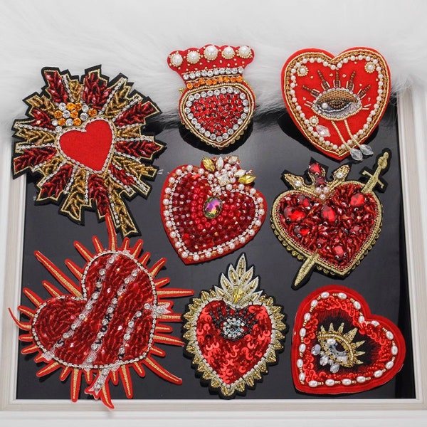 patch pour sac patch perlé patchs coeur rouge perle bricolage perles cristal décoré patch strass patch pailleté fait main