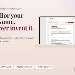 Peut inclure: Une interface numérique pour l'outil de rédaction de CV Applyd Rewrite affichée sur un écran d'ordinateur portable. Le texte indique : Tailor your resume. Never invent it. Your real experience, rewritten in the language of the role you want. Les fonctionnalités incluent Word & PDF export, Application answers et Instant download.