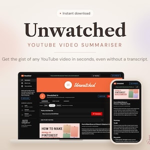 Può includere: Un'interfaccia digitale per lo strumento di riepilogo video YouTube Unwatched visualizzata su un laptop e uno smartphone. L'interfaccia presenta un tema scuro con accenti arancioni, mostrando una dashboard di riepilogo video con testo.