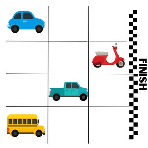 May include: A blue car, a red scooter, a teal pickup truck, and a yellow school bus are lined up at the starting line of a race track. The finish line is on the right side of the image.