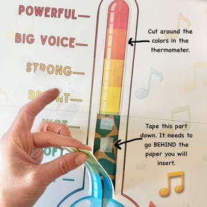May include: A colorful thermometer-themed craft project with the word "THERMOMETER" at the top. The thermometer has red, orange, and yellow sections. Instructions include cutting around the colors and taping a section behind the paper. Musical notes are scattered around the image.