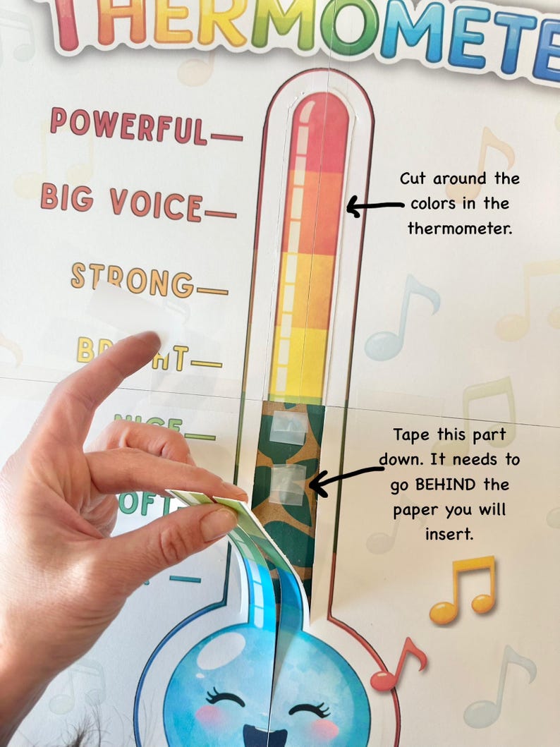 May include: A colorful thermometer-themed craft project with the word "THERMOMETER" at the top. The thermometer has red, orange, and yellow sections. Instructions include cutting around the colors and taping a section behind the paper. Musical notes are scattered around the image.