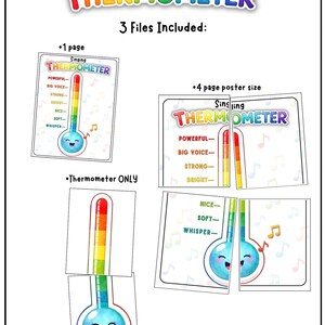 May include: A colorful educational printable featuring a "Singing Thermometer" with a smiling face and musical notes. The thermometer displays levels from "Whisper" to "Powerful." Includes 3 files: 1 page, 4-page poster size, and a thermometer only.
