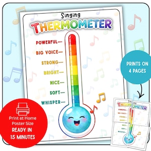 May include: A colorful "Singing Thermometer" poster with a smiling thermometer graphic. The poster includes voice level indicators from "Whisper" to "Powerful." Additional text reads "Print at Home Poster Size READY IN 15 MINUTES" and "PRINTS ON 4 PAGES."