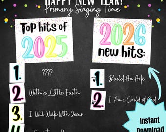 Primary Singing Time New Year Countdown • 2025 Top Hits & 2026 New Songs • LDS Primary Music Activity • Bright Neon Printable Numbers w Sign