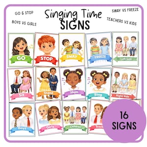 May include: A collection of 16 "Singing Time Signs" cards, each with a colourful illustration and text. The cards display words such as "Go", "Stop", "Sway", and "Freeze". The cards are designed for educational purposes.