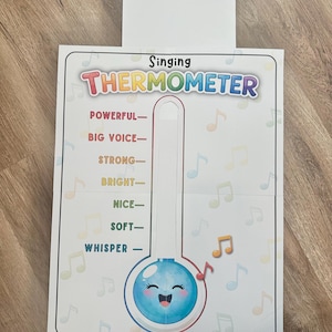 May include: A colorful "Singing Thermometer" chart with a smiling blue face at the bottom. The chart measures voice levels from "Whisper" to "Powerful." Musical notes decorate the background.