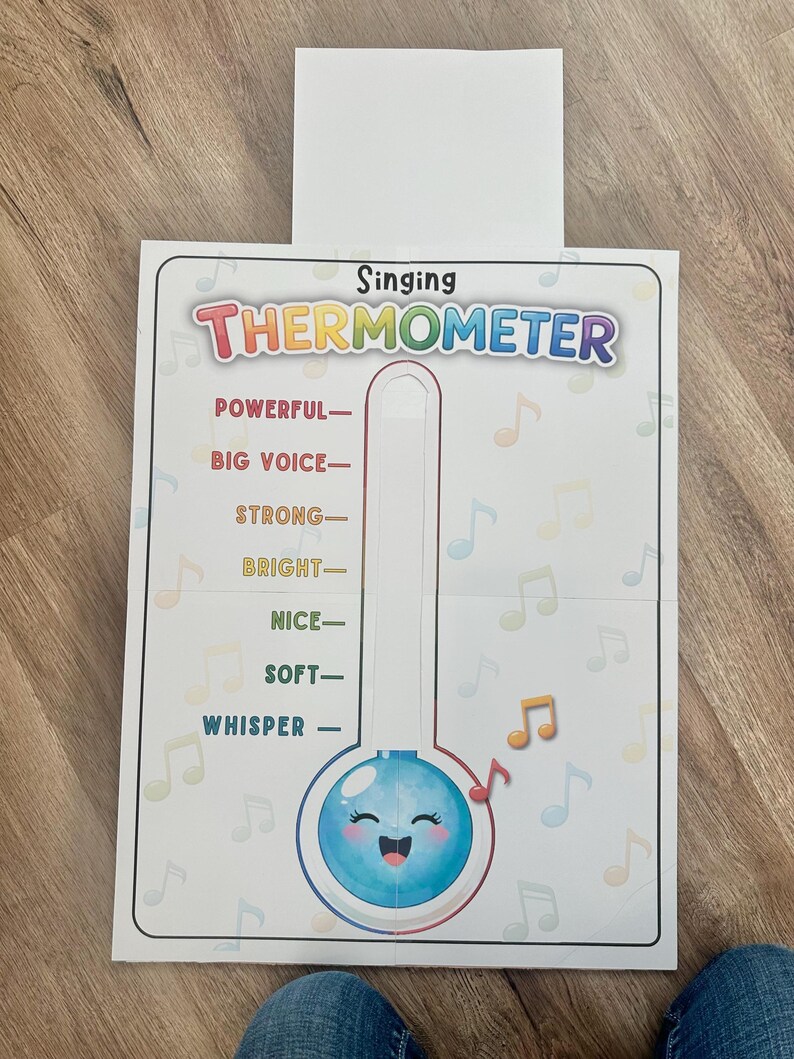 May include: A colorful "Singing Thermometer" chart with a smiling blue face at the bottom. The chart measures voice levels from "Whisper" to "Powerful." Musical notes decorate the background.