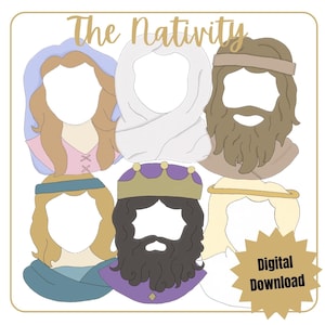 May include: A digital download graphic featuring six stylized illustrations of figures from the Nativity scene. The figures include a woman, a figure wrapped in white, a man with a beard, a king with a crown, and an angel. The text "The Nativity" is at the top.