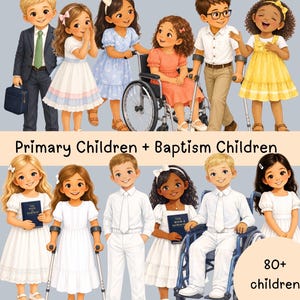 May include: A digital illustration featuring diverse children in two rows. The top row shows children in colorful clothing, including one in a wheelchair and one with crutches. The bottom row shows children in white baptismal attire with books.