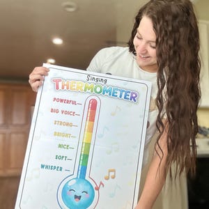 May include: A colorful "Singing Thermometer" poster with a cartoon thermometer design. The thermometer scale ranges from "Whisper" to "Powerful," with musical notes and a smiling face. The poster is held by a person.