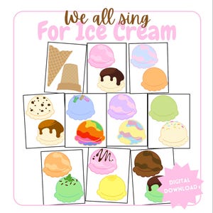 Könnte beinhalten: Ein druckbarer Satz von 15 Eiswaffel- und -kugeln-Illustrationen. Die Illustrationen sind in verschiedenen Farben und Designs, darunter Schokolade, Vanille, Erdbeere und Regenbogen. Der Text "We all sing for Ice Cream" befindet sich oben auf der Seite. Der Text "Digital Download" befindet sich unten auf der Seite.