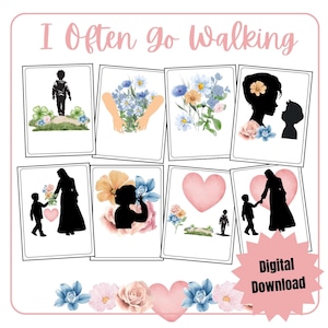 May include: Printable digital download of eight cards featuring silhouettes of people walking, flowers, and hearts. The cards have a white background with black outlines. The text "I Often Go Walking" is at the top of the page.