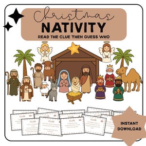 以下が含まれることがあります： 聖家族、天使、東方の三博士のイラストが描かれたクリスマス降誕劇ゲーム。「Christmas Nativity, Read the clue then guess who」の文字が上部にあります。「Instant Download」の文字が下部にあります。