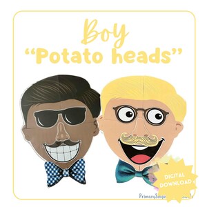 May include: Two printable boy "Potato Heads" with different hairstyles, facial features, and bow ties. The text "Boy "Potato Heads" is at the top of the image. The text "Digital Download" is in a yellow star shape at the bottom of the image.