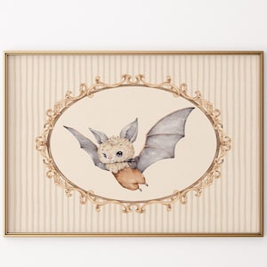 Schattige vleermuis 2 | Landschap | Halloween-collectie | Aquarelprint | Vliegende schattige vleermuisillustratie, griezelige en lieve kunst voor Halloween-whimsy