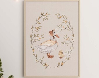 Petunia und Blütenblatt | Zwei Gänse | In der Wiese-Kollektion | Aquarell Druck | Skandinavischer Vintage Druck, Kinderzimmer Poster, Kinder Schlafzimmer Wandkunst