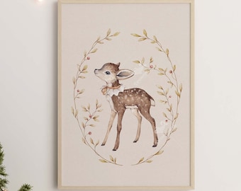 Lucy | Reh mit Rüschenkragen | In The Meadow Kollektion | Aquarell Druck | Wald Rehkitz, Vintage, Kinderzimmer Poster, Weihnachtsdeko